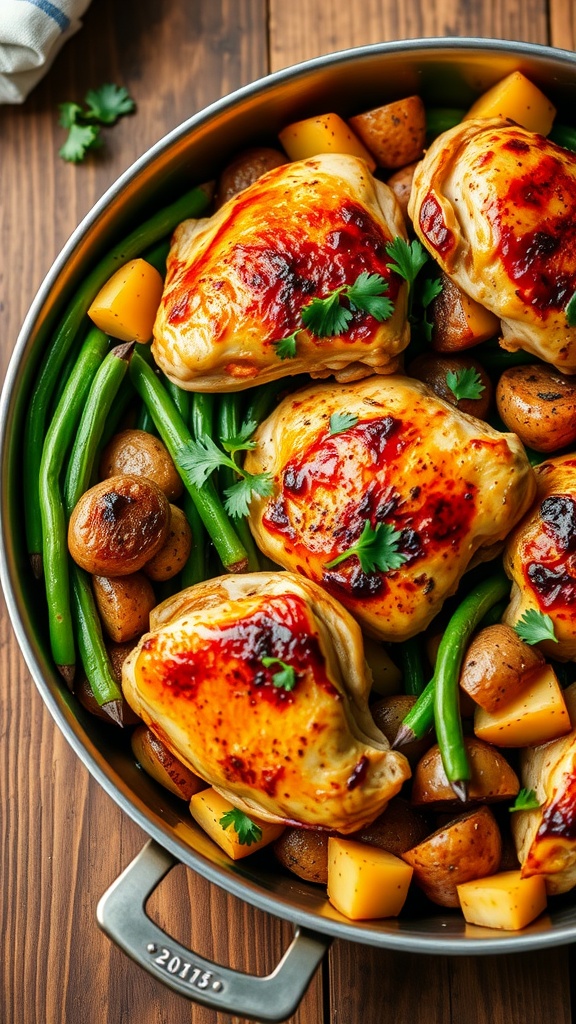 One-pan chicken thighs with roasted potatoes and green beans, garnished with parsley on a wooden table.